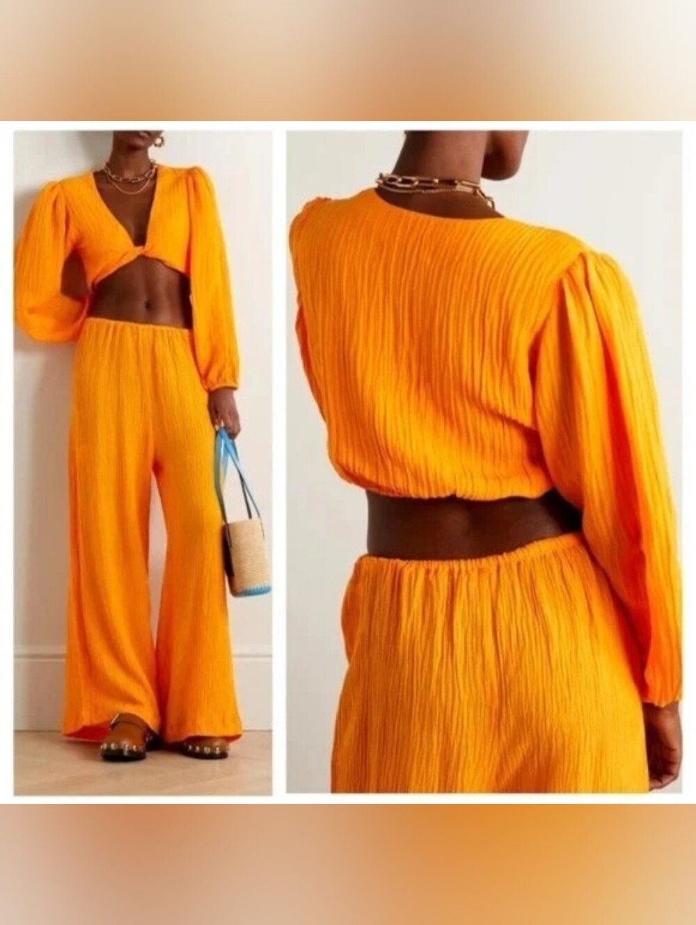 NWT Faithfull The Brand Orange Linen Palmera Crop Top XS Rupina Wide Leg Pants S